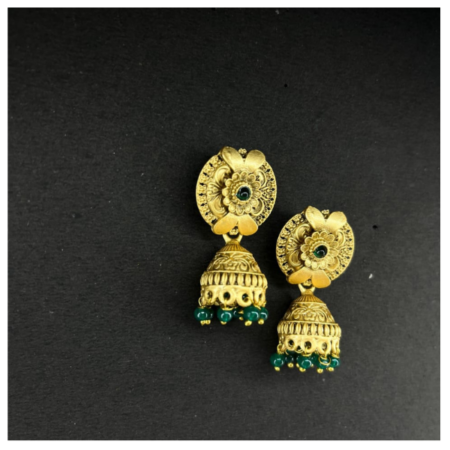 Gold Plated Jhumka (Circle Shape with Green Nag)
