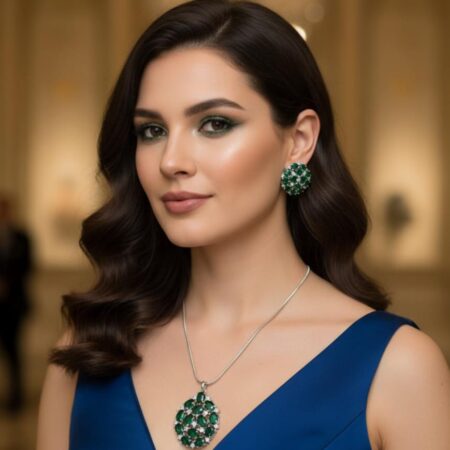 Wight,Green,Blue AD Stone Pendant Set with Pearl Necklace