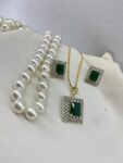 Elegant Pearl Necklace Set with Green and maroon Stone Pendant & Earrings