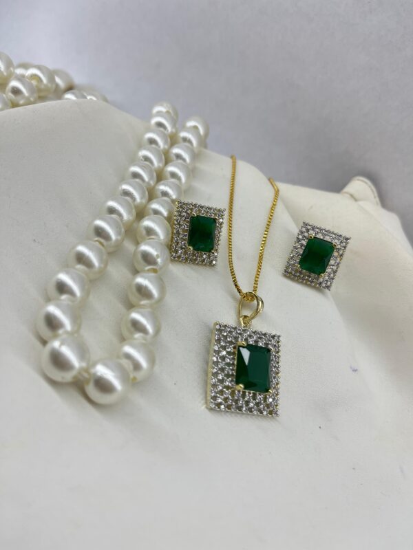 Elegant Pearl Necklace Set with Green and maroon Stone Pendant & Earrings