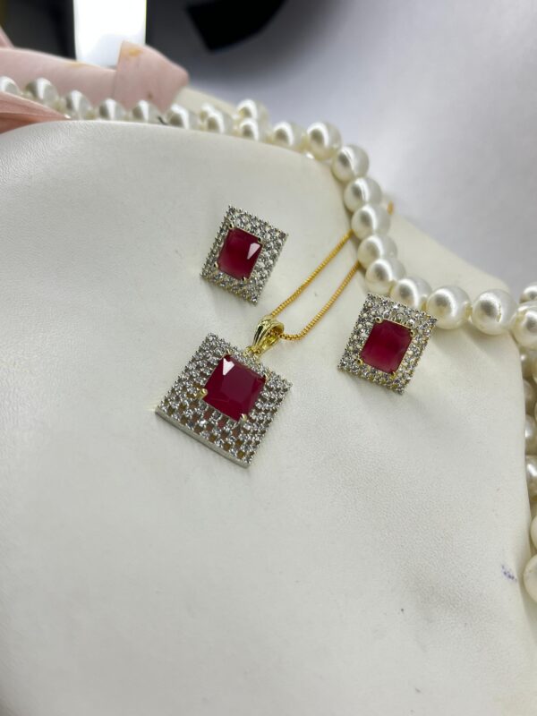 Elegant Pearl Necklace Set with Green and maroon Stone Pendant & Earrings