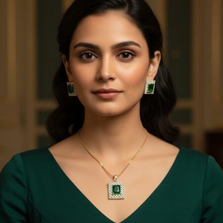 Elegant Pearl Necklace Set with Green and maroon Stone Pendant & Earrings