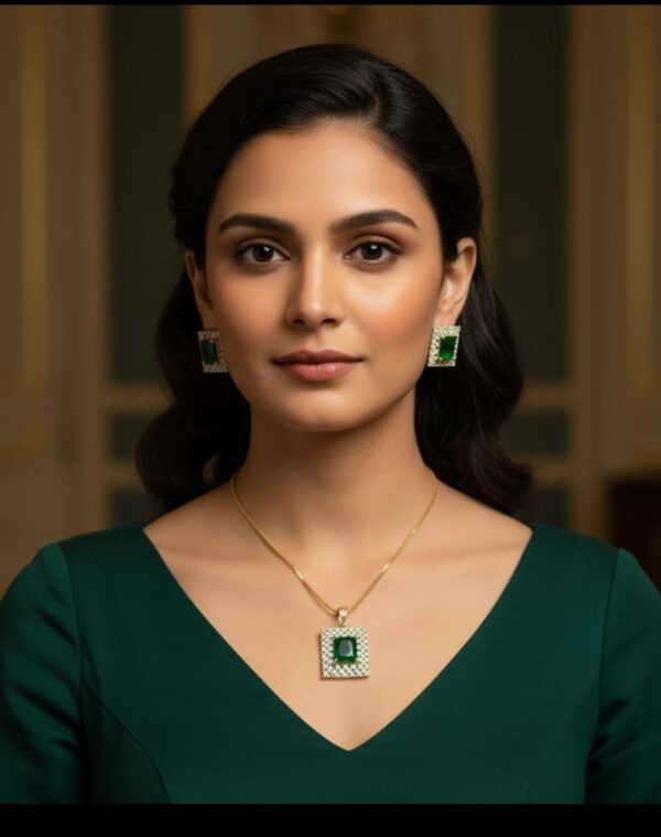 Elegant Pearl Necklace Set with Green and maroon Stone Pendant & Earrings