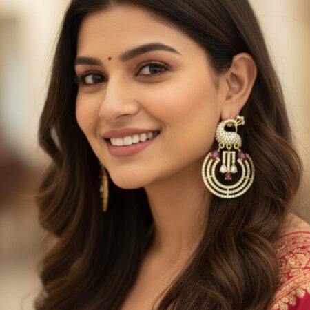 Beautiful gold-plated chandbali earrings with peacock design, pearl detailing, and ruby stones.