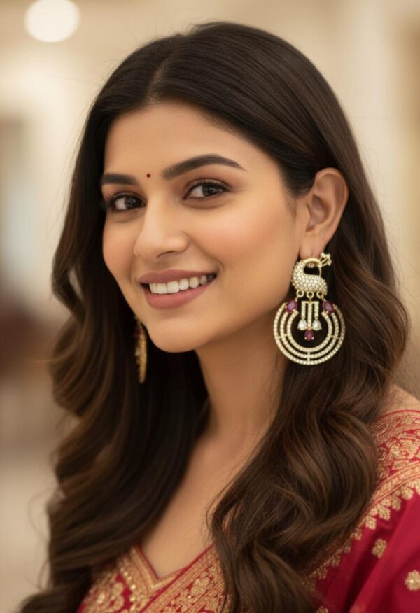 Beautiful gold-plated chandbali earrings with peacock design, pearl detailing, and ruby stones.