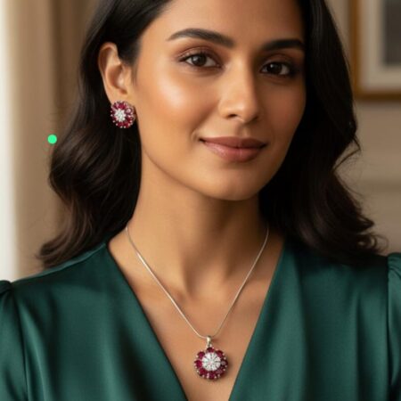 Elegant Ruby Floral Pendant Set with Chain & Stud Earrings